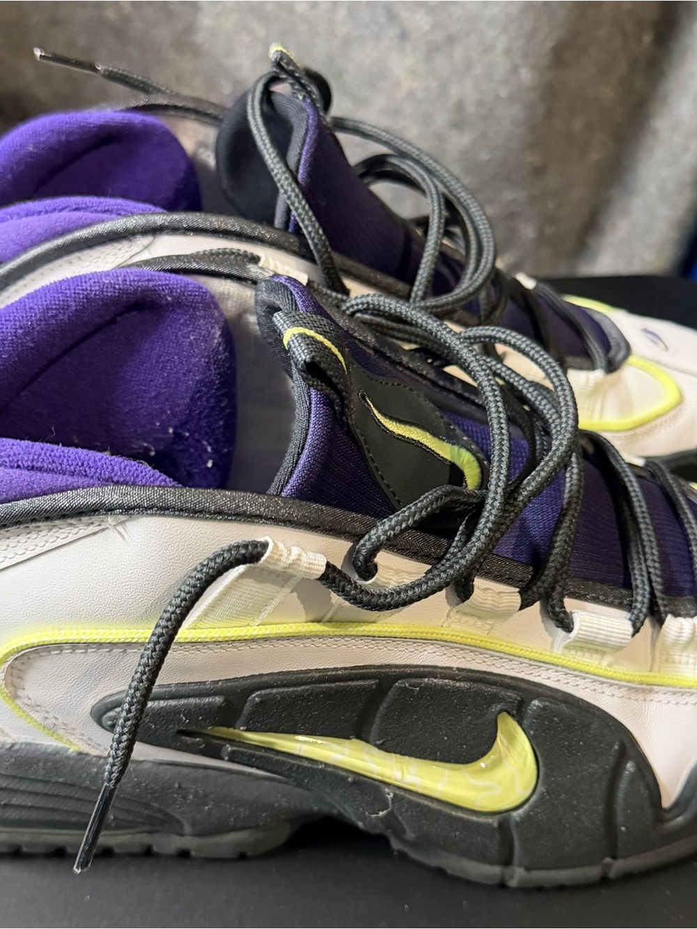 Nike Men’s Uptempo White Black Purple Sneakers with Neon Yellow Accents